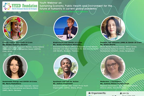 Webinar speakers' headshots on green field 