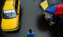 Yellow Car, Man Blue Shirt